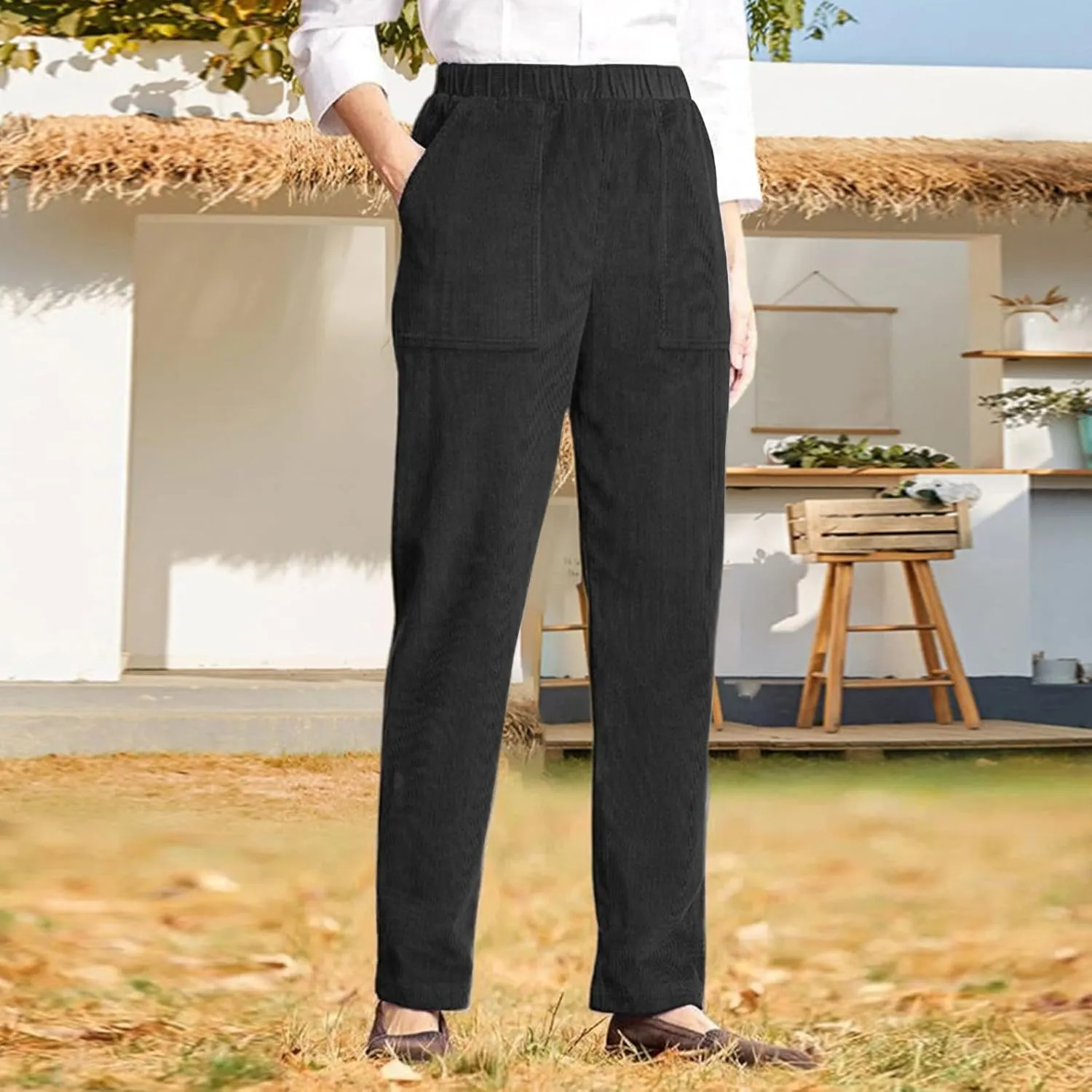 Corduroy Pants Women Fall Elastic High Waist Straight Wide Leg Pants Fall Winter Lounge Trousers with Pockets