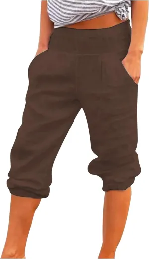Cotton Linen Capri Pants for Women Lightweight Elastic Waist Baggy Tapered Capris Casual Summer Cropped Trousers 2025