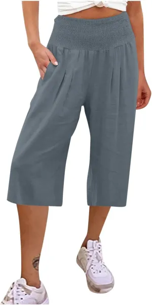 Cotton Linen Capris Pants for Women Casual Summer Loose Wide Leg Pant High Waist Straight Cropped Trousers