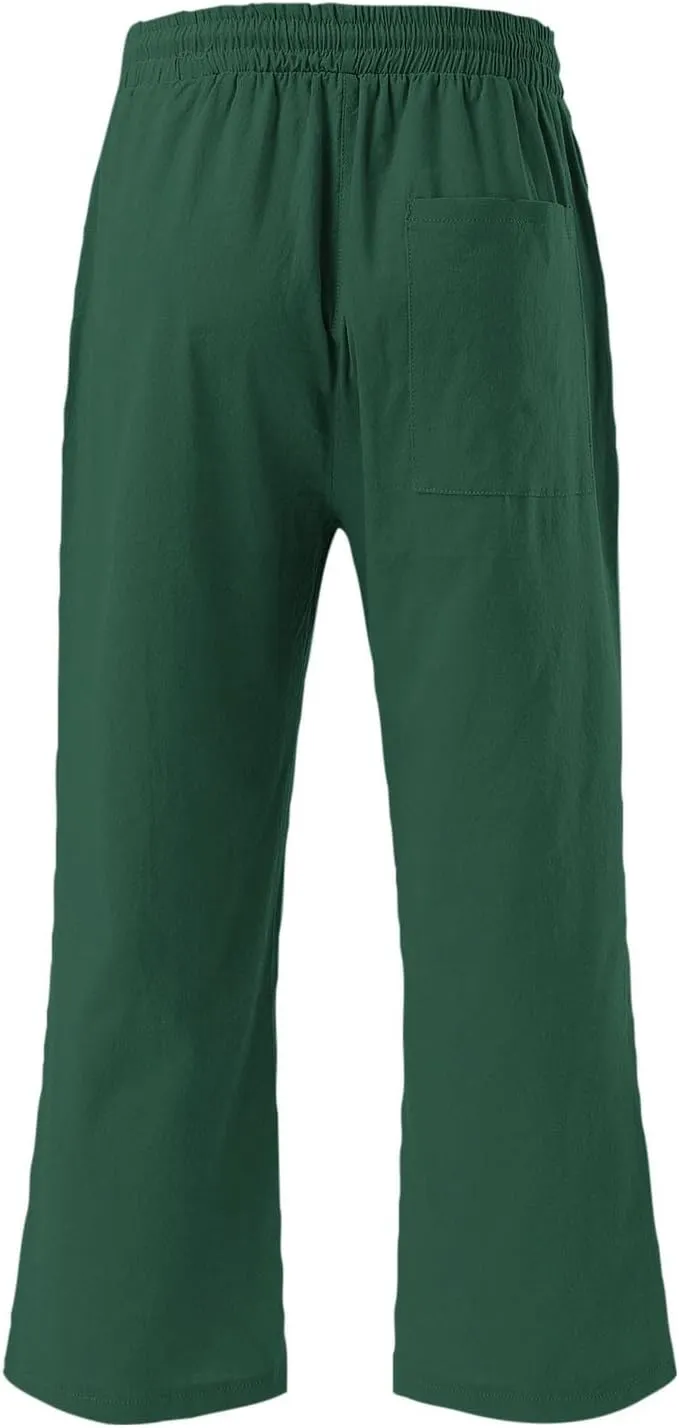 Cotton Linen Pants for Women Casual 2025 Summer Capri with Pockets Plus Size Drawstring Elastic Waist Trousers