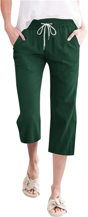 Cotton Linen Pants for Women Casual 2025 Summer Capri with Pockets Plus Size Drawstring Elastic Waist Trousers