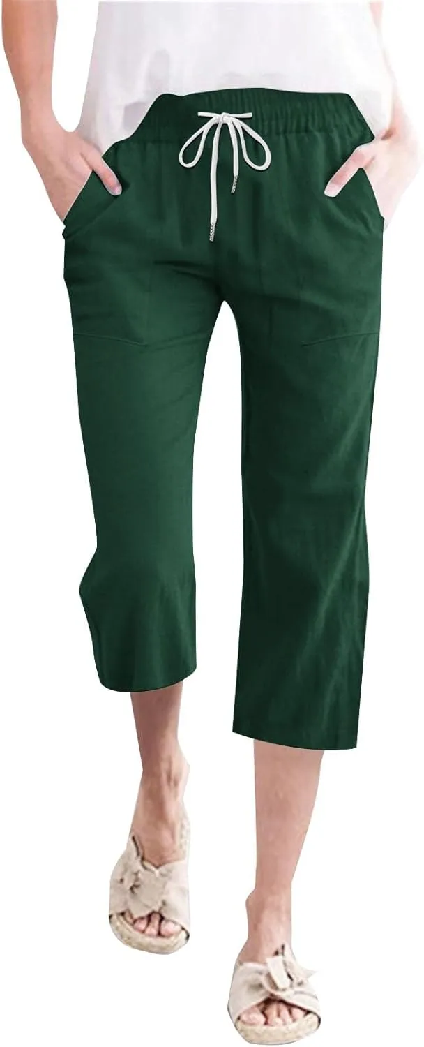 Cotton Linen Pants for Women Casual 2025 Summer Capri with Pockets Plus Size Drawstring Elastic Waist Trousers