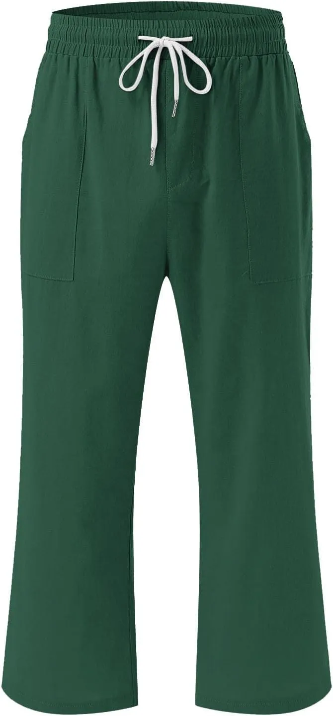 Cotton Linen Pants for Women Casual 2025 Summer Capri with Pockets Plus Size Drawstring Elastic Waist Trousers