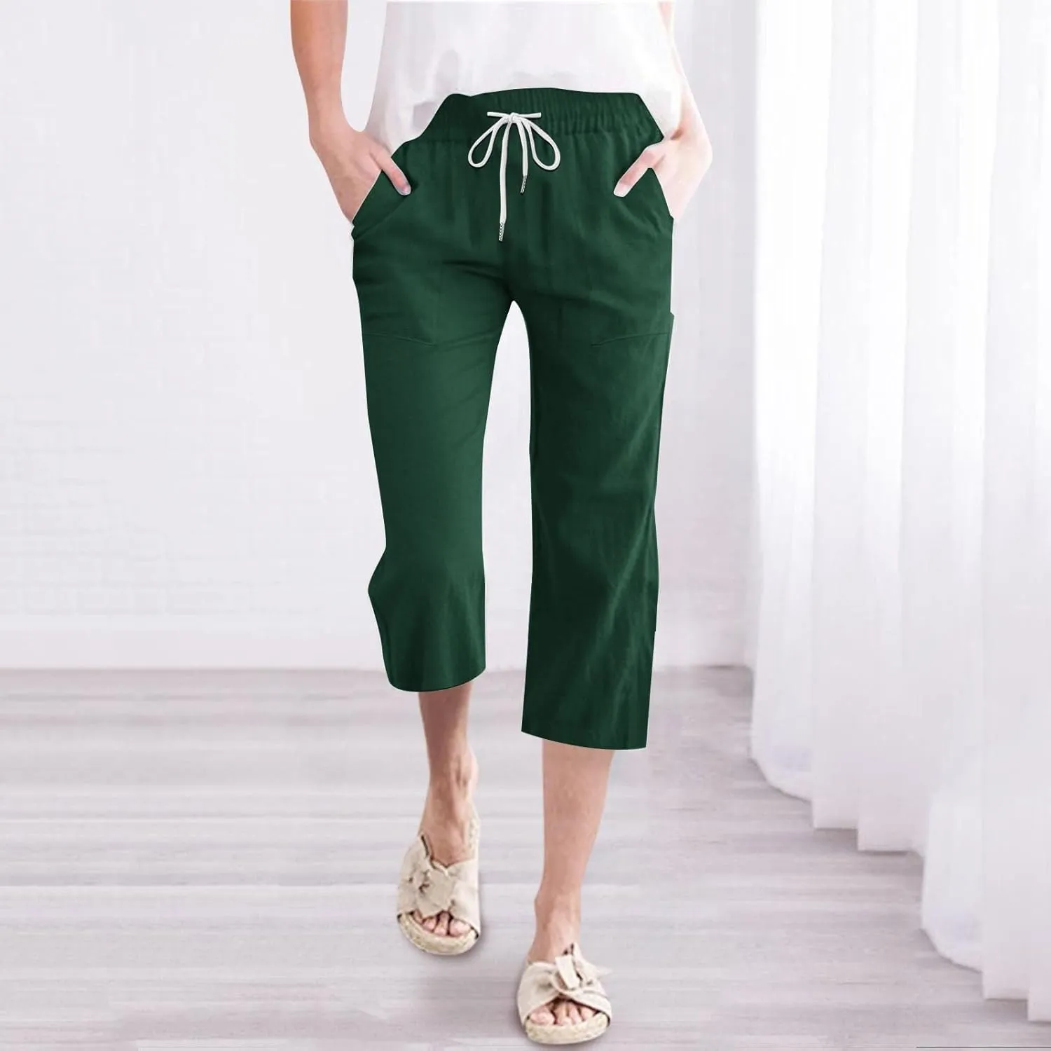 Cotton Linen Pants for Women Casual 2025 Summer Capri with Pockets Plus Size Drawstring Elastic Waist Trousers