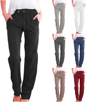 Cotton Linen Pants for Women Drawstring Elastic Waist Loose Fit Trouser Straight Wide Leg Trousers Casual Pants 2025