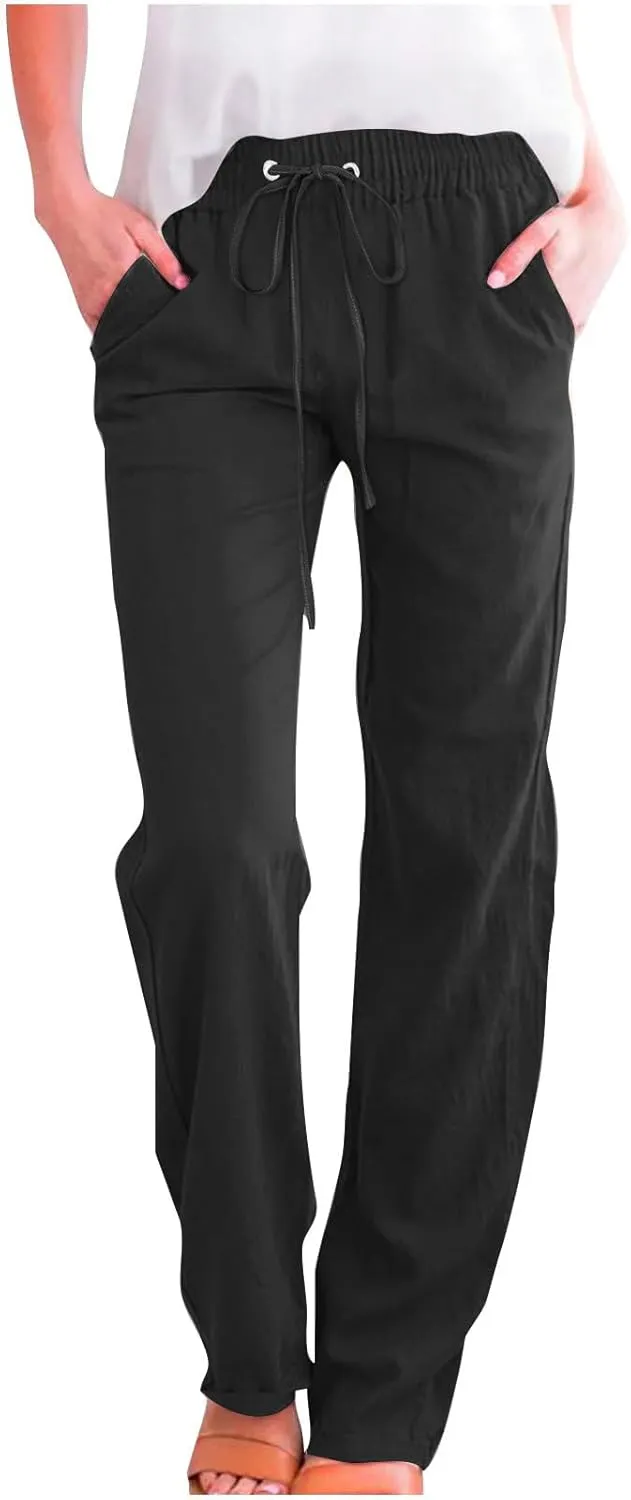 Cotton Linen Pants for Women Drawstring Elastic Waist Loose Fit Trouser Straight Wide Leg Trousers Casual Pants 2025