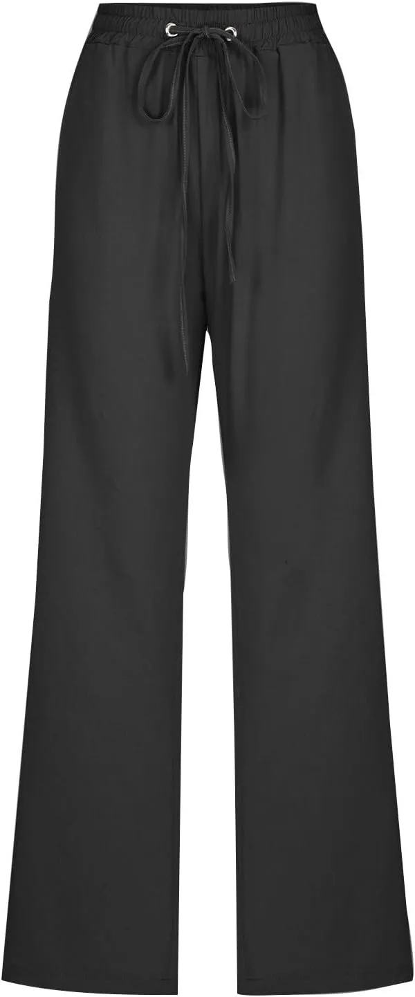 Cotton Linen Pants for Women Drawstring Elastic Waist Loose Fit Trouser Straight Wide Leg Trousers Casual Pants 2025