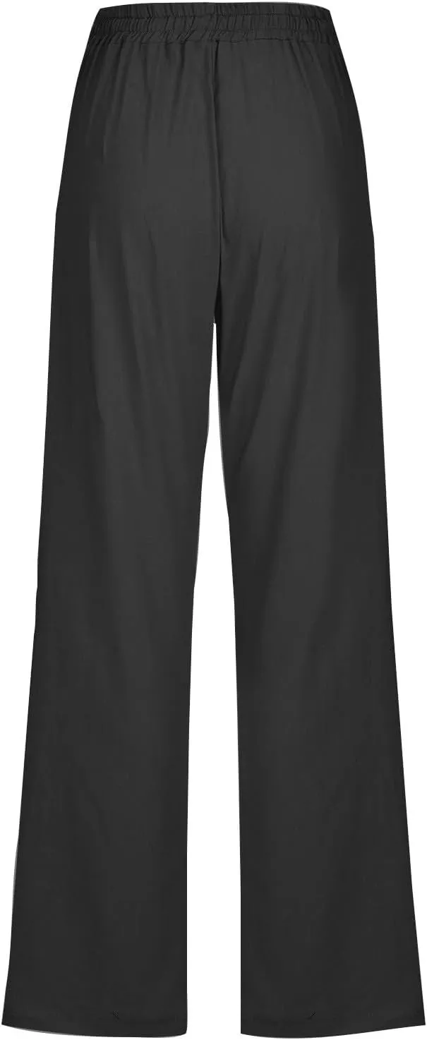 Cotton Linen Pants for Women Drawstring Elastic Waist Loose Fit Trouser Straight Wide Leg Trousers Casual Pants 2025