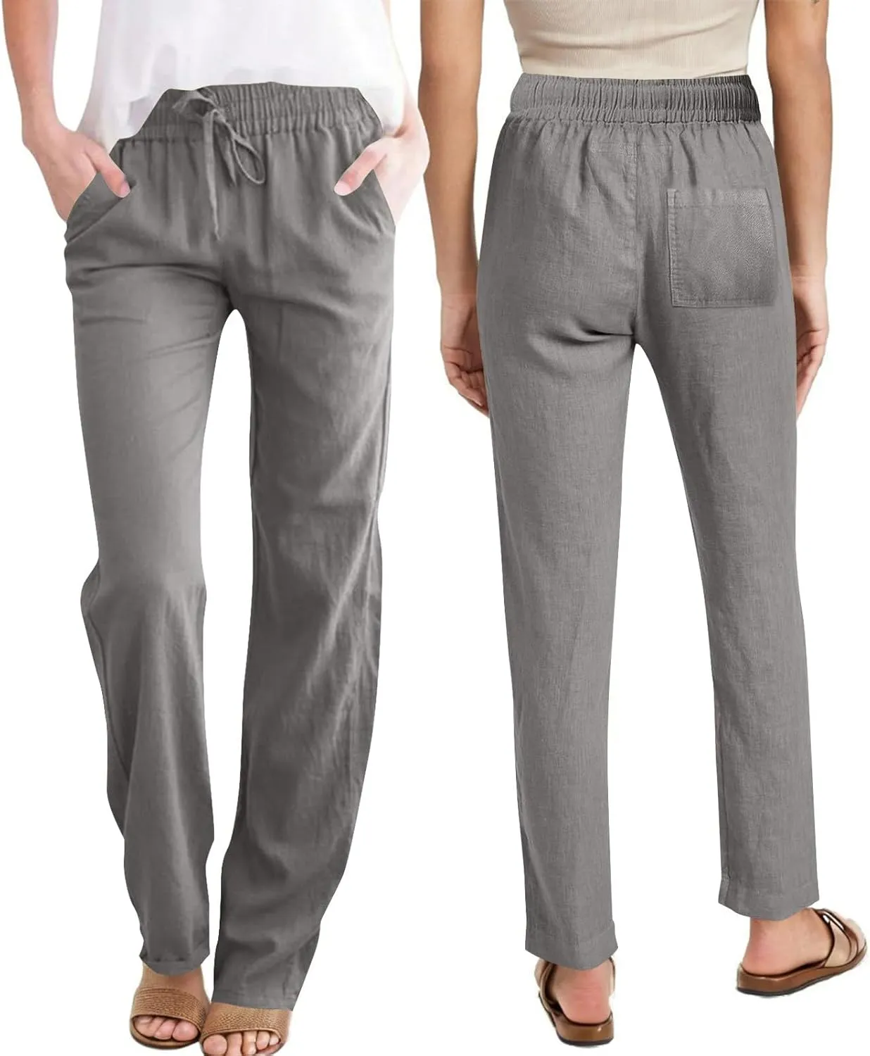 Cotton Linen Pants for Women Loose Fit Drawstring Elastic High Waist Casual Trouser Solid Lounge Pants with Pockets
