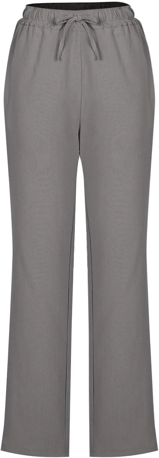 Cotton Linen Pants for Women Loose Fit Drawstring Elastic High Waist Casual Trouser Solid Lounge Pants with Pockets
