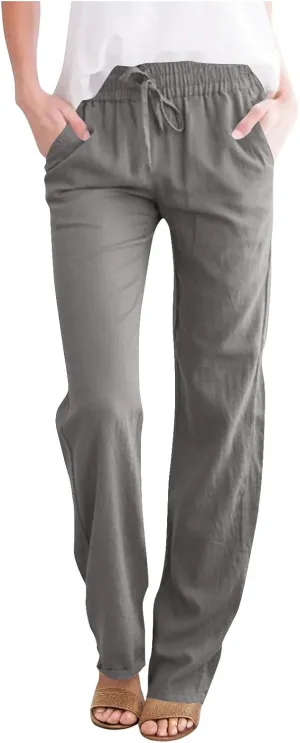 Cotton Linen Pants for Women Loose Fit Drawstring Elastic High Waist Casual Trouser Solid Lounge Pants with Pockets