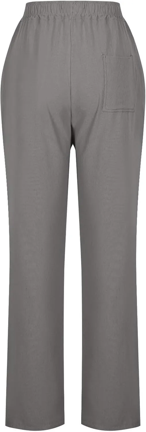 Cotton Linen Pants for Women Loose Fit Drawstring Elastic High Waist Casual Trouser Solid Lounge Pants with Pockets
