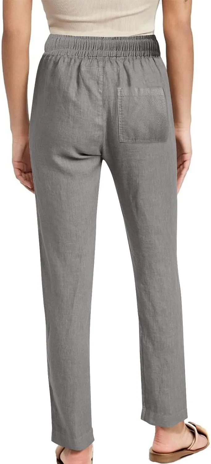 Cotton Linen Pants for Women Loose Fit Drawstring Elastic High Waist Casual Trouser Solid Lounge Pants with Pockets
