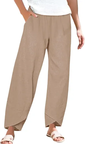 Cotton Linen Pants for Women Summer Straight Leg Elastic Waist Capri Pant Casual Loose Cropped Trousers with Pockets