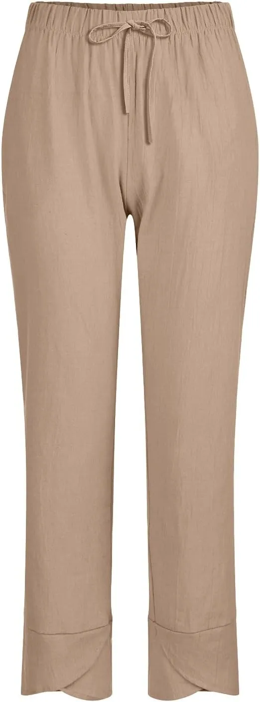 Cotton Linen Pants for Women Summer Straight Leg Elastic Waist Capri Pant Casual Loose Cropped Trousers with Pockets