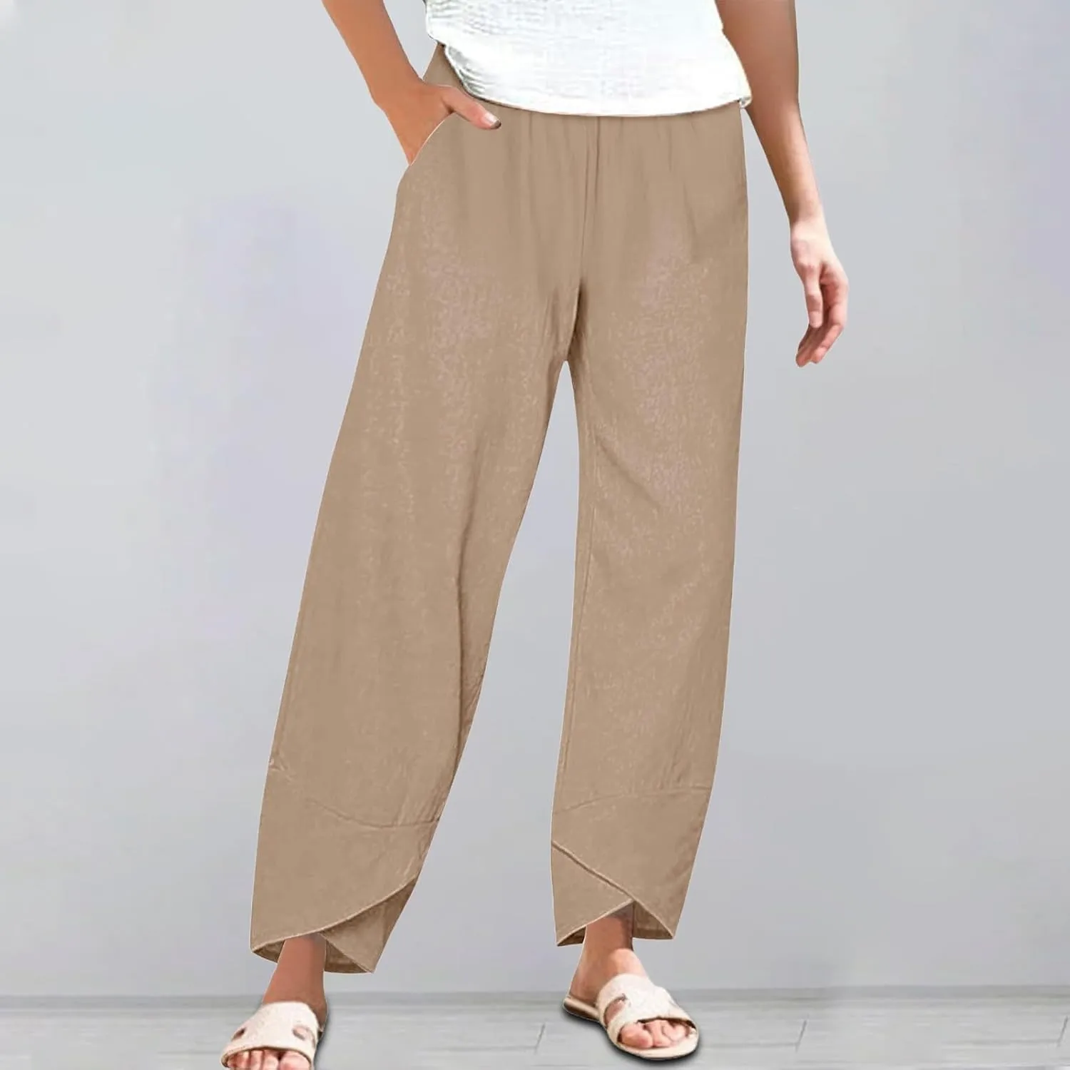 Cotton Linen Pants for Women Summer Straight Leg Elastic Waist Capri Pant Casual Loose Cropped Trousers with Pockets