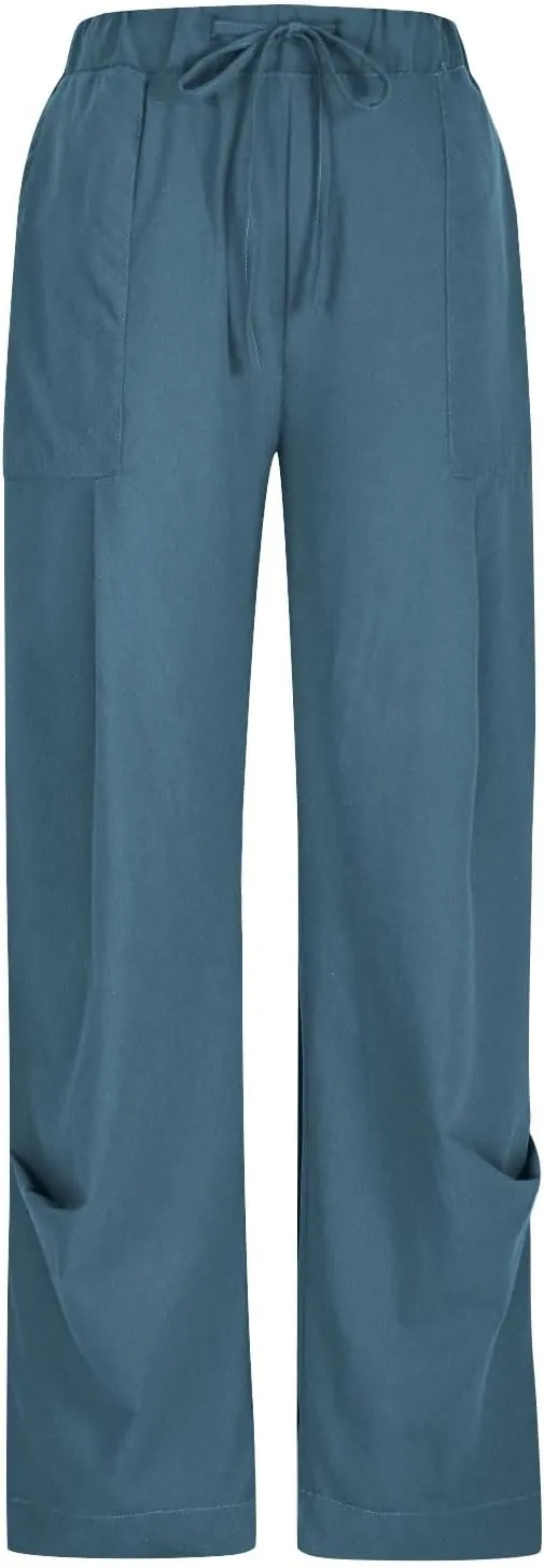 Cotton Linen Pants for Women Summer Wide Leg Pants Drawstring Elastic High Waisted Lounge Pant Casual Beach Trousers