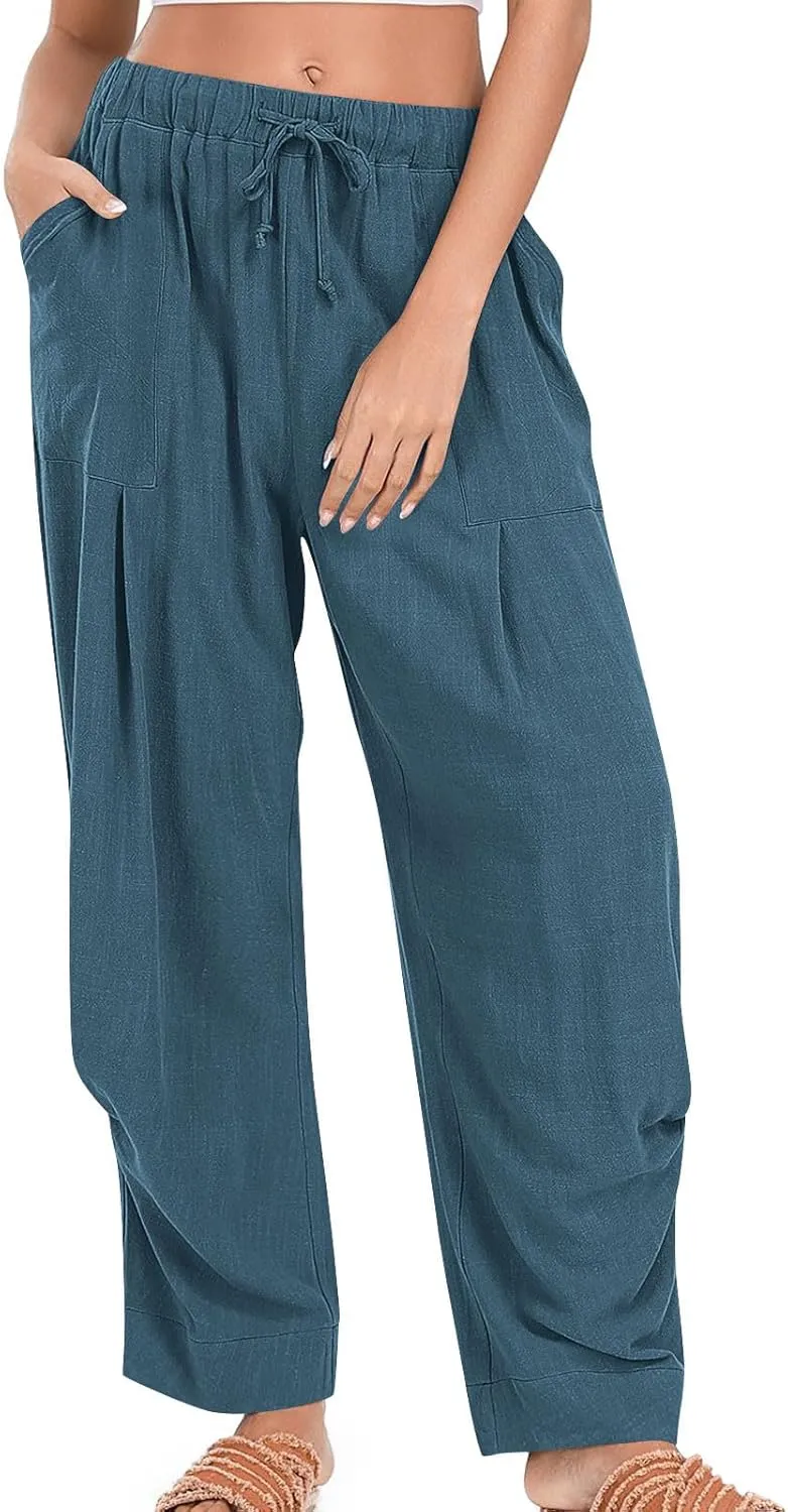Cotton Linen Pants for Women Summer Wide Leg Pants Drawstring Elastic High Waisted Lounge Pant Casual Beach Trousers