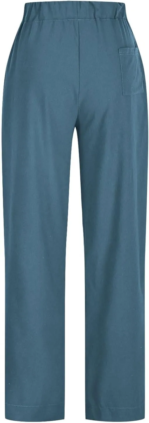Cotton Linen Pants for Women Summer Wide Leg Pants Drawstring Elastic High Waisted Lounge Pant Casual Beach Trousers