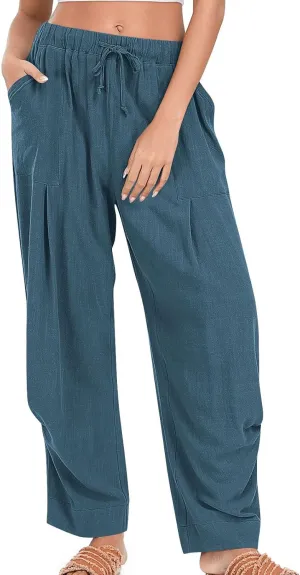 Cotton Linen Pants for Women Summer Wide Leg Pants Drawstring Elastic High Waisted Lounge Pant Casual Beach Trousers