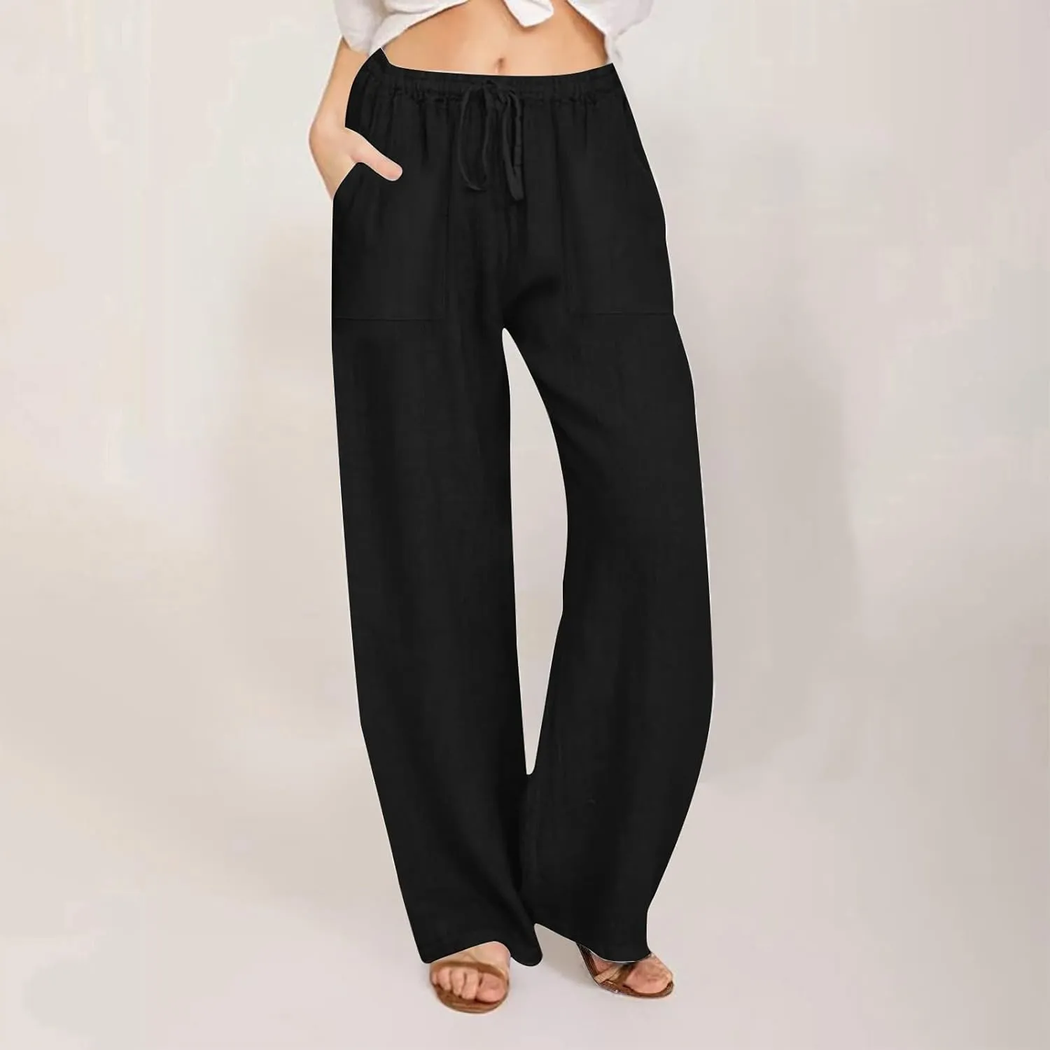 Cotton Linen Pants Women 2025 Summer Wide Leg Casual Loose Trousers Drawstring High Waist Palazzo Pants with Pockets