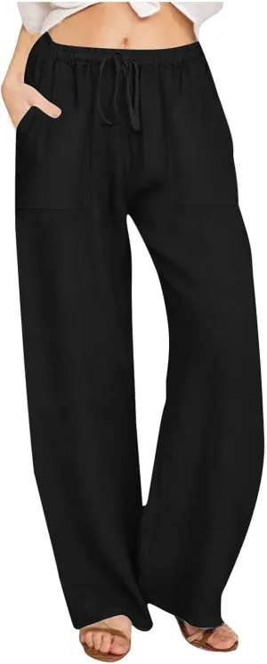 Cotton Linen Pants Women 2025 Summer Wide Leg Casual Loose Trousers Drawstring High Waist Palazzo Pants with Pockets