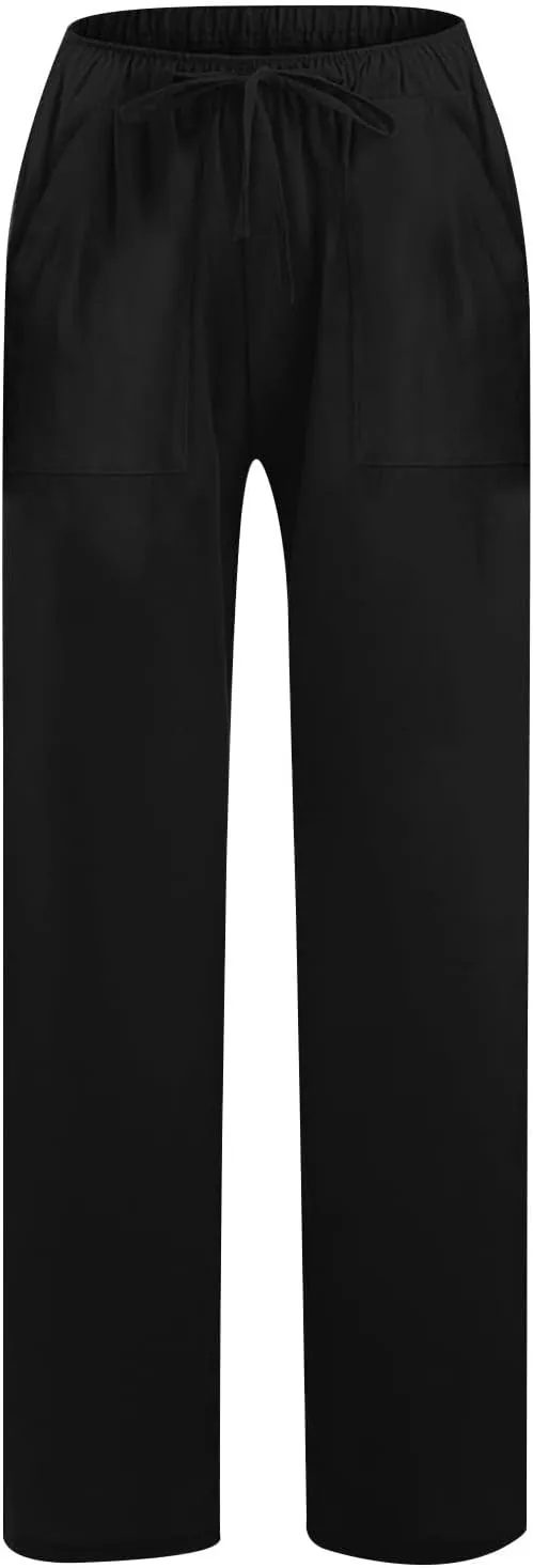 Cotton Linen Pants Women 2025 Summer Wide Leg Casual Loose Trousers Drawstring High Waist Palazzo Pants with Pockets