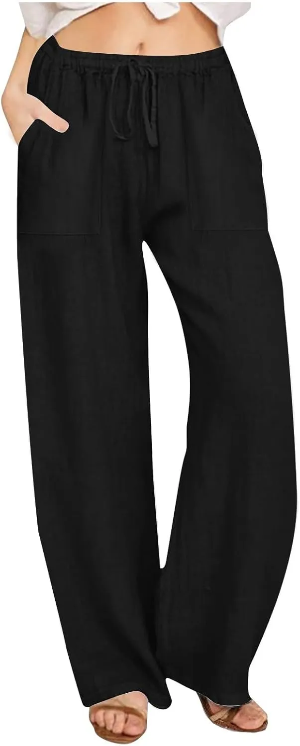 Cotton Linen Pants Women 2025 Summer Wide Leg Casual Loose Trousers Drawstring High Waist Palazzo Pants with Pockets