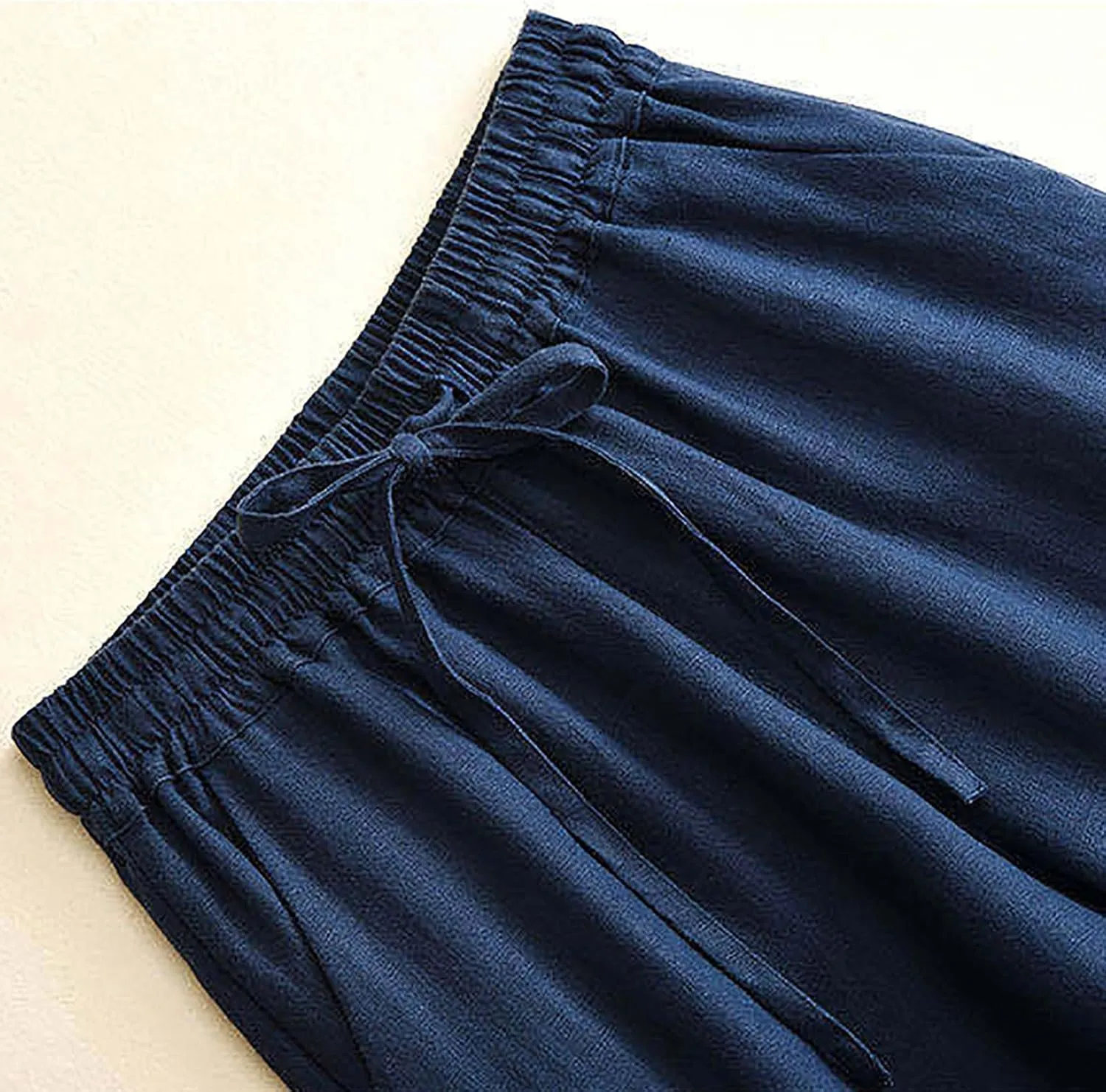 Cotton Linen Pants Women Casual Drawstring Elastic Waist Straight Leg Trousers Solid Color Lounge Pocket Pants