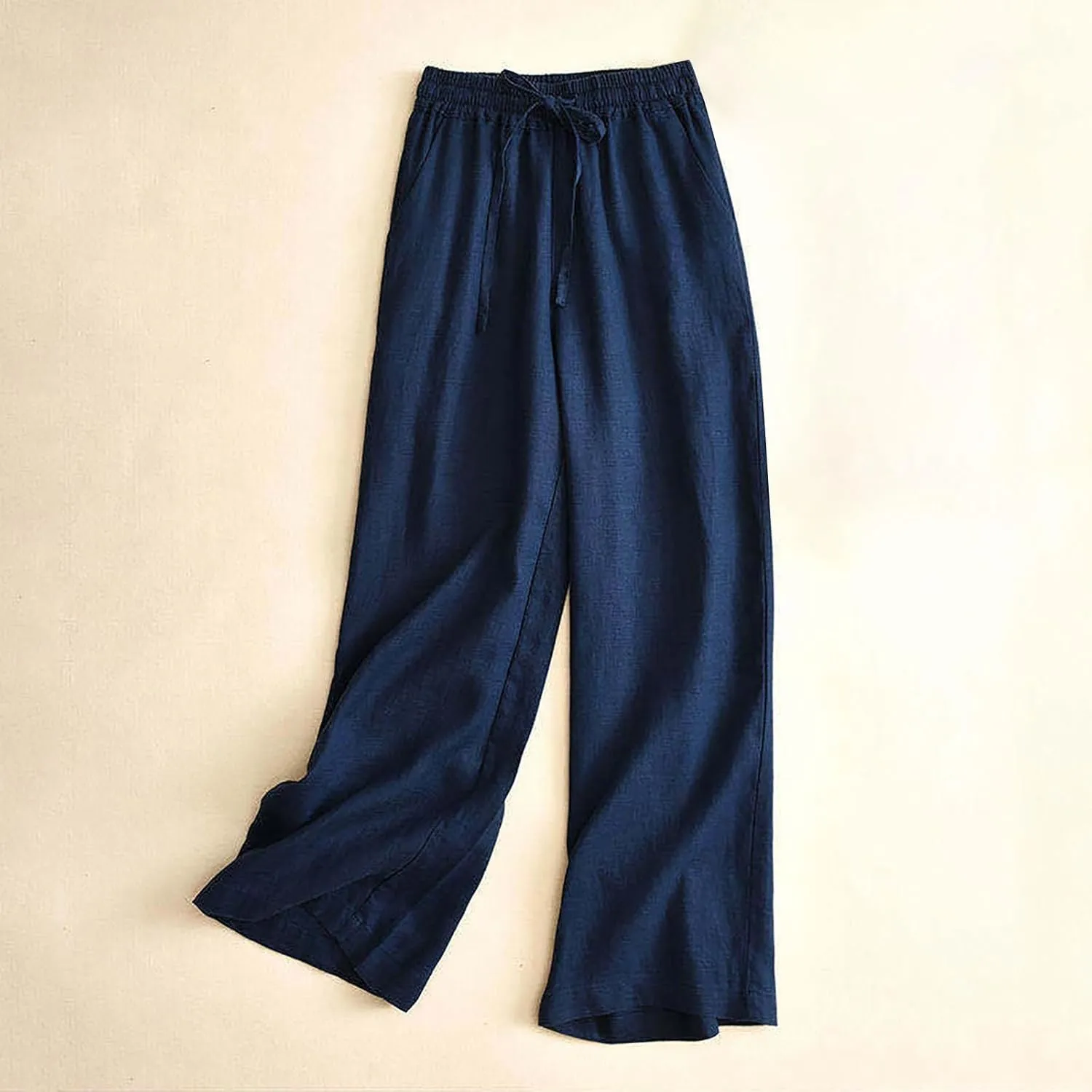 Cotton Linen Pants Women Casual Drawstring Elastic Waist Straight Leg Trousers Solid Color Lounge Pocket Pants