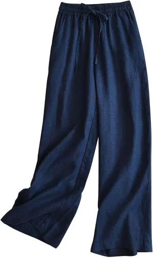 Cotton Linen Pants Women Casual Drawstring Elastic Waist Straight Leg Trousers Solid Color Lounge Pocket Pants