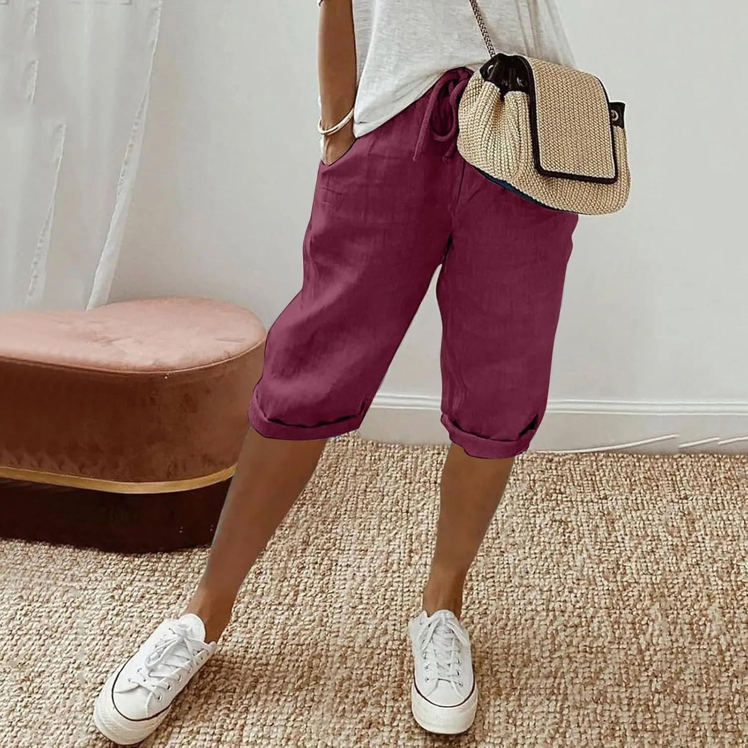 Cotton Linen Pants Women Cropped High Waisted Casual Trousers Drawstring Baggy Summer Lightweight Pants with Pockets