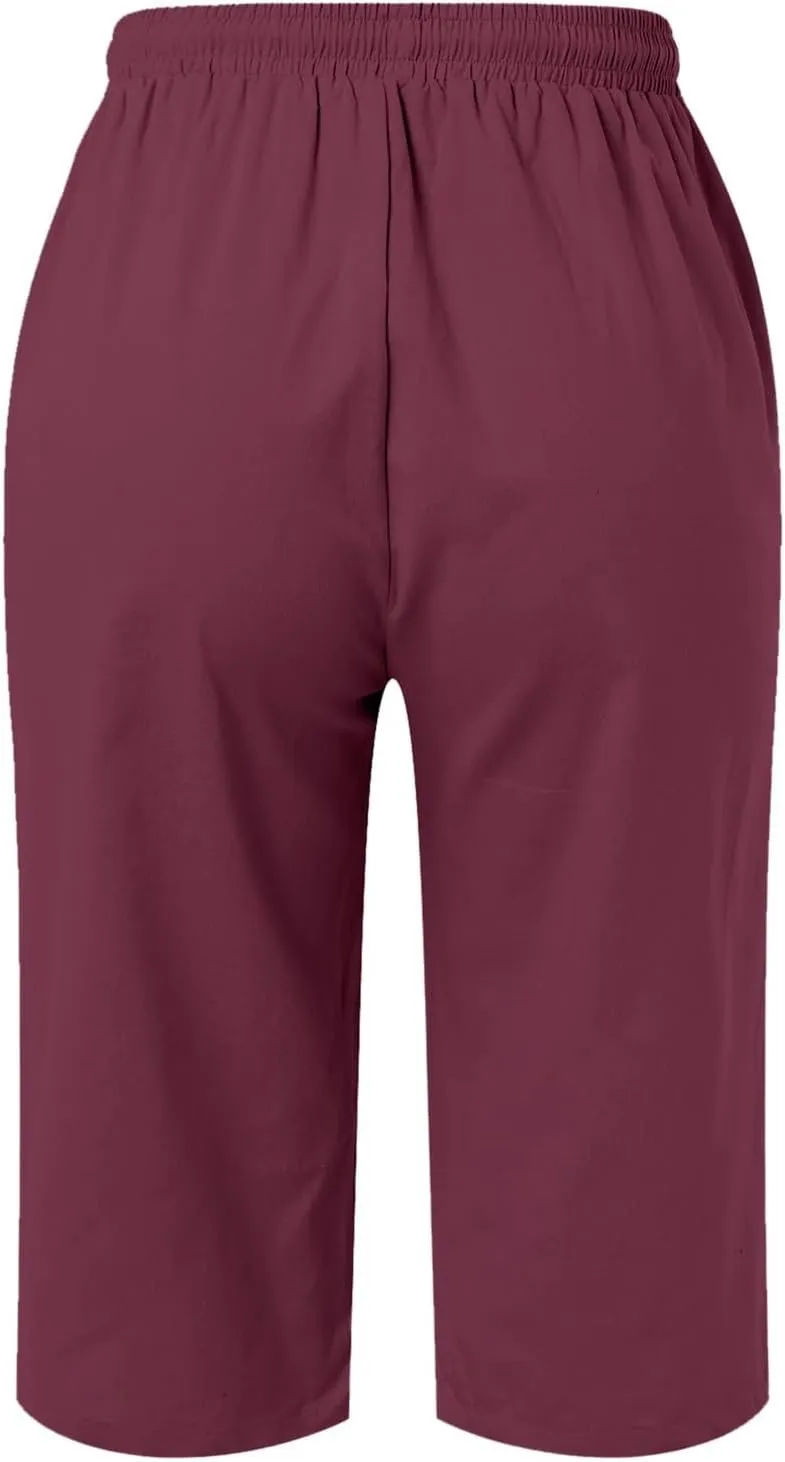 Cotton Linen Pants Women Cropped High Waisted Casual Trousers Drawstring Baggy Summer Lightweight Pants with Pockets