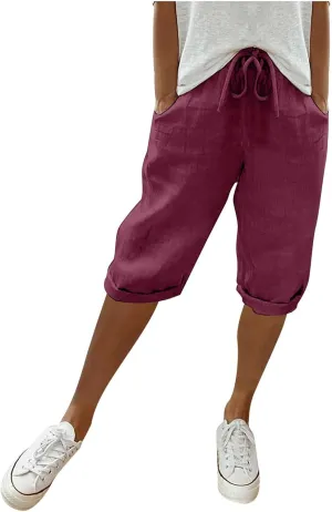 Cotton Linen Pants Women Cropped High Waisted Casual Trousers Drawstring Baggy Summer Lightweight Pants with Pockets