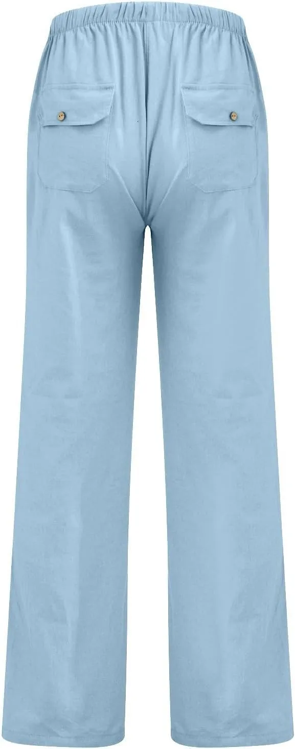 Cotton Linen Pants Women Summer Baggy Low Rise Drawstring Wide Leg Pants Casual Loose Trousers with Pockets