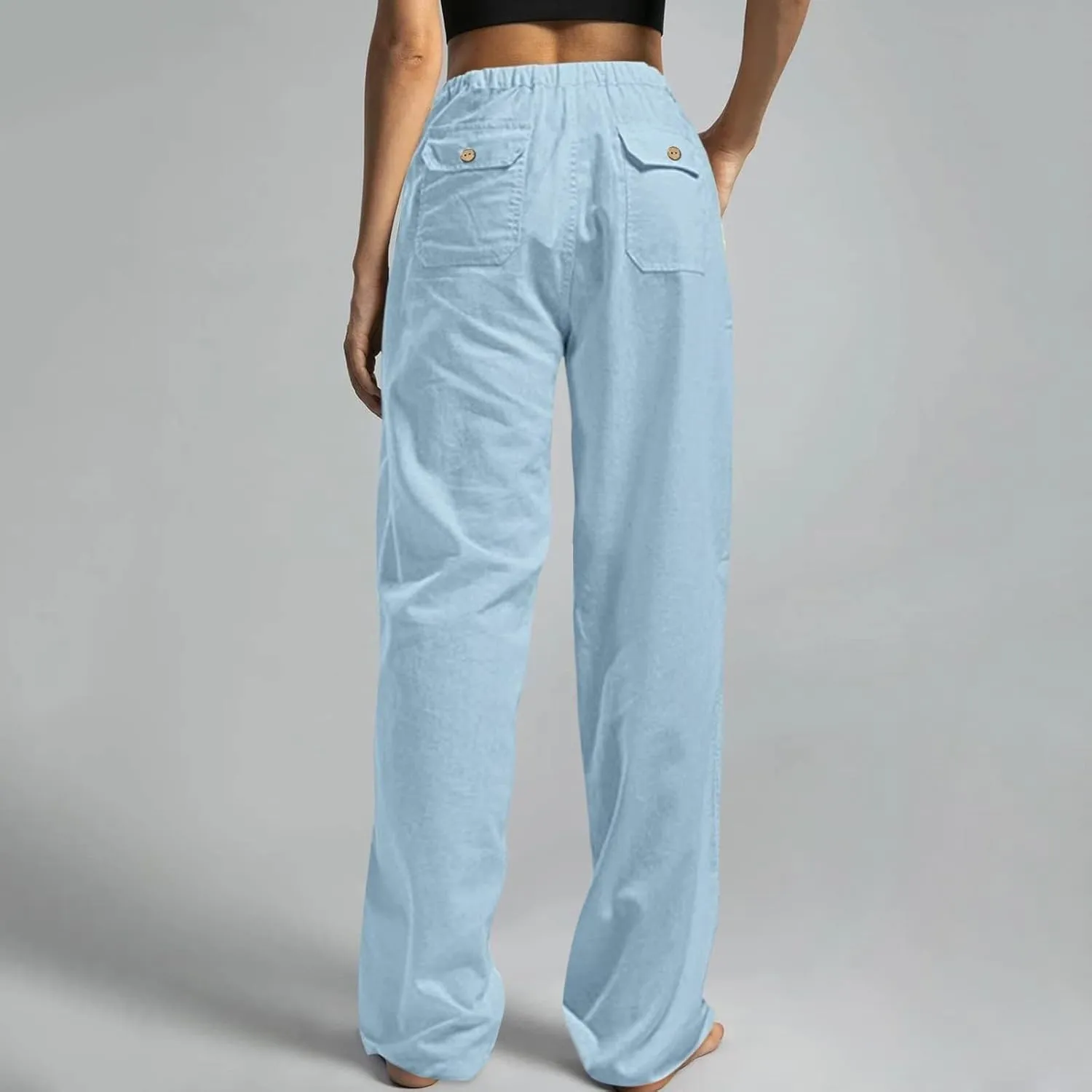 Cotton Linen Pants Women Summer Baggy Low Rise Drawstring Wide Leg Pants Casual Loose Trousers with Pockets