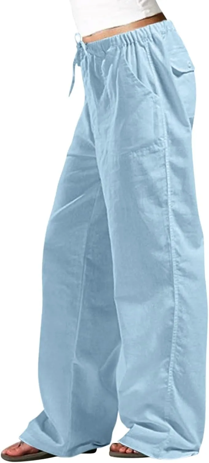 Cotton Linen Pants Women Summer Baggy Low Rise Drawstring Wide Leg Pants Casual Loose Trousers with Pockets