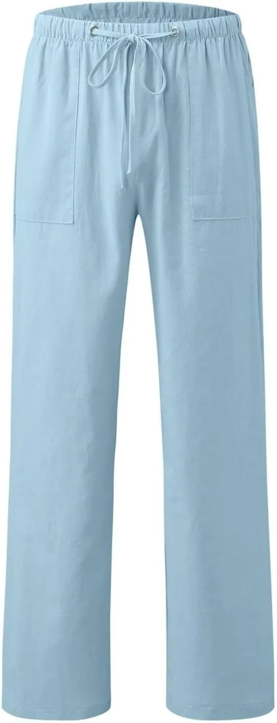 Cotton Linen Pants Women Summer Baggy Low Rise Drawstring Wide Leg Pants Casual Loose Trousers with Pockets