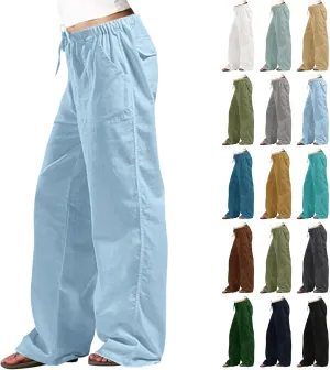Cotton Linen Pants Women Summer Baggy Low Rise Drawstring Wide Leg Pants Casual Loose Trousers with Pockets