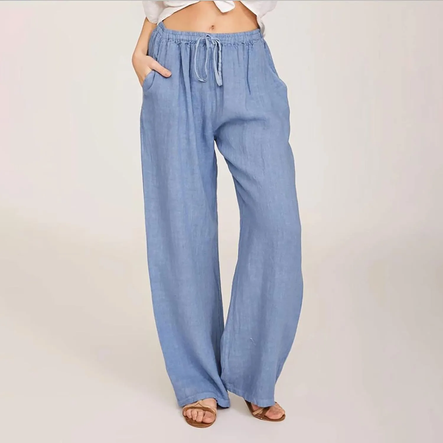 Cotton Linen Wide Leg Pants for Women Casual Summer 2024 Drawstring Beach Pants Loose Flowy Lounge Trousers