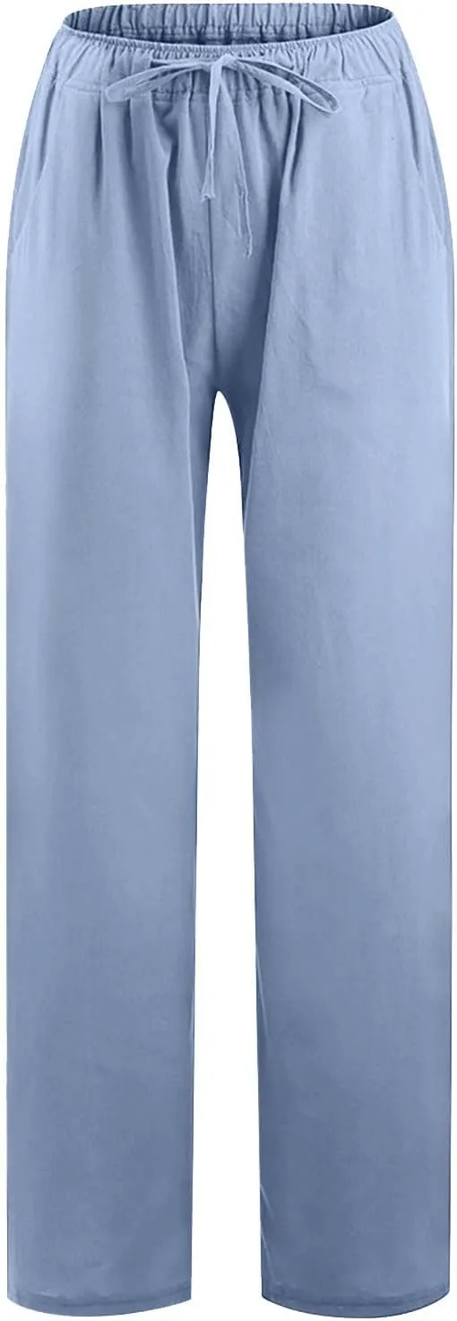 Cotton Linen Wide Leg Pants for Women Casual Summer 2024 Drawstring Beach Pants Loose Flowy Lounge Trousers