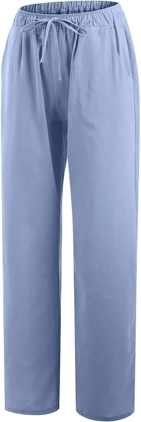 Cotton Linen Wide Leg Pants for Women Casual Summer 2024 Drawstring Beach Pants Loose Flowy Lounge Trousers