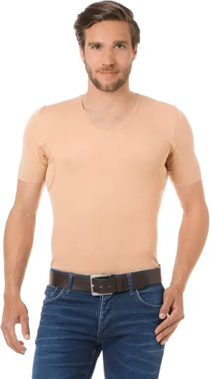 Covert Mens Invisible Sweat-Proof V-Neck Undershirt, Nude Flesh Color Slim Fitting Lightweight Cotton, Oeko-Tex Certified