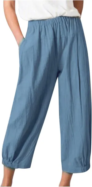Cropped Linen Pants for Women Casual Loose Fit Elastic Waist Wide Led Summer Pants Straight Leg Lounge Trousers