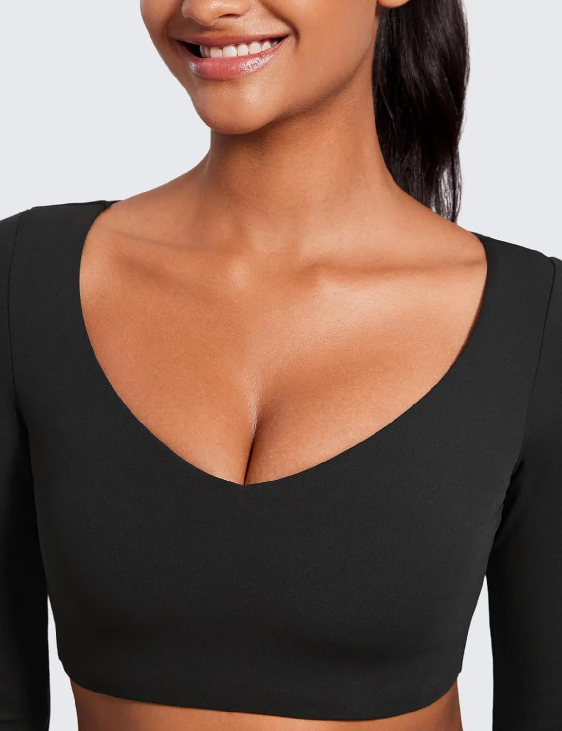 CRZ YOGA Butterluxe Double Lined Long Sleeve Yoga Shirts for Women V Neck Cropped Casual T-Shirt Tight Crop Fitted Tops