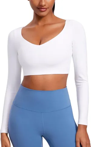 CRZ YOGA Butterluxe Double Lined Long Sleeve Yoga Shirts for Women V Neck Cropped Casual T-Shirt Tight Crop Fitted Tops