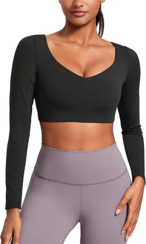 CRZ YOGA Butterluxe Double Lined Long Sleeve Yoga Shirts for Women V Neck Cropped Casual T-Shirt Tight Crop Fitted Tops