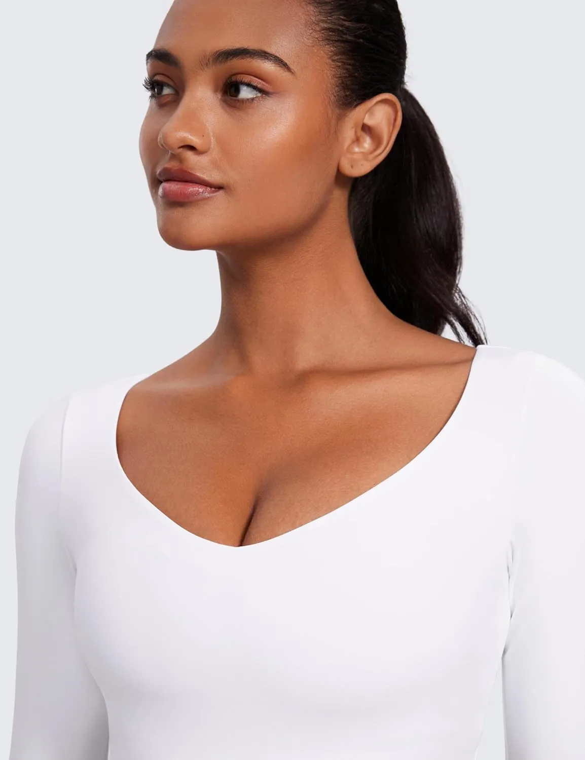 CRZ YOGA Butterluxe Double Lined Long Sleeve Yoga Shirts for Women V Neck Cropped Casual T-Shirt Tight Crop Fitted Tops