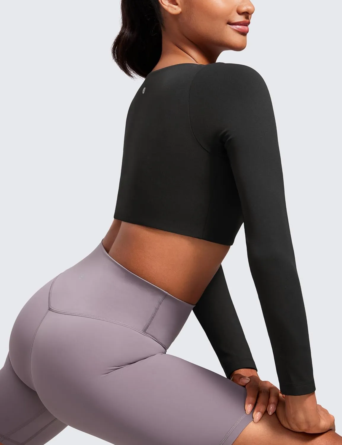 CRZ YOGA Butterluxe Double Lined Long Sleeve Yoga Shirts for Women V Neck Cropped Casual T-Shirt Tight Crop Fitted Tops