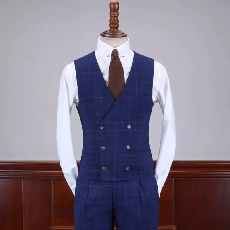 Curtis Stylish Midnight Blue Checkered Notch Lapel Three-Piece Business Suit